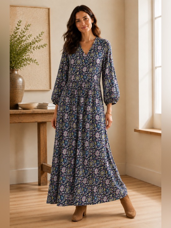 Boden Dresses & Skirts - Boden Floral Maxi Dress Size 14 V-Neck Balloon Sleeve EcoVero Navy